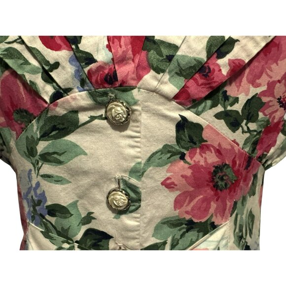 Vtg 80s Paquette Too! Rose Floral Midi Dress Sz6 Portrait Collar Pockets Cottage - Picture 3 of 11
